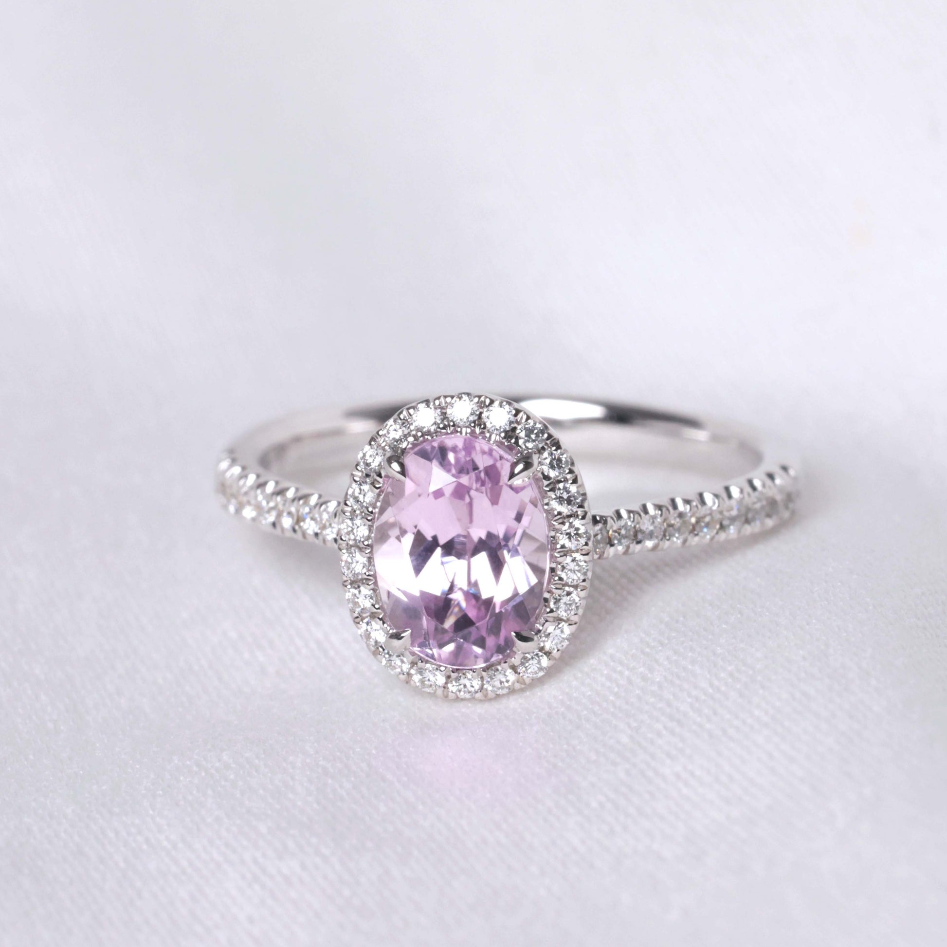 Cupus Jewellery 18K White Gold Kunzite Diamond Halo Ring