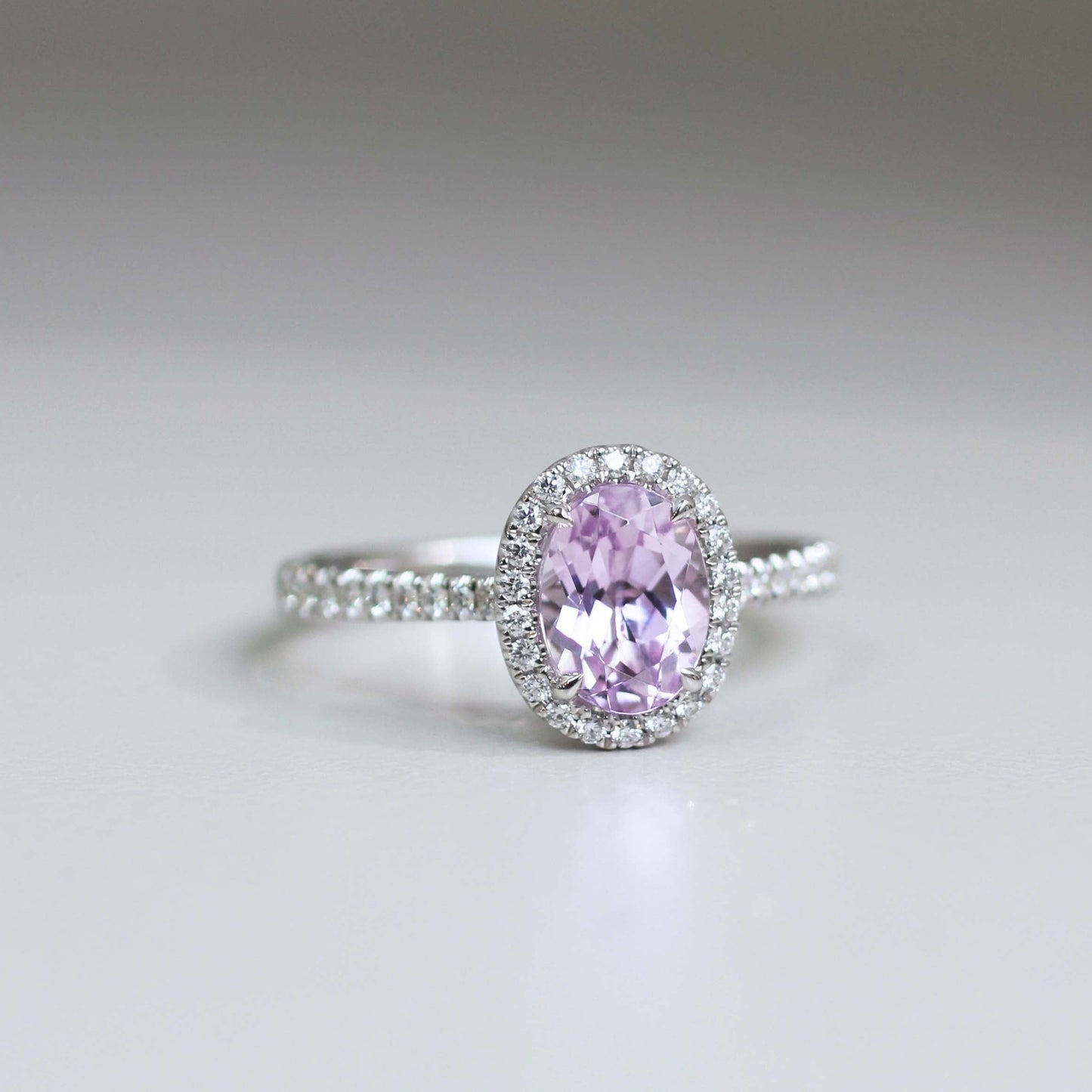 Cupus Jewellery 18K White Gold Kunzite Diamond Halo Ring