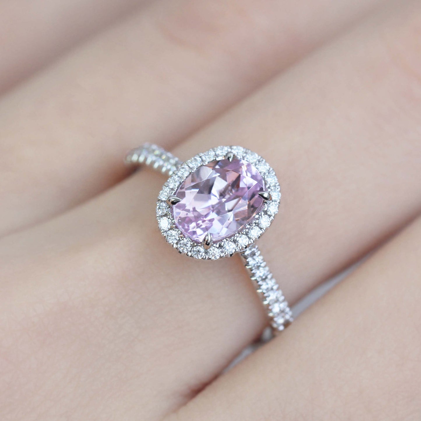 Cupus Jewellery 18K White Gold Kunzite Diamond Halo Ring